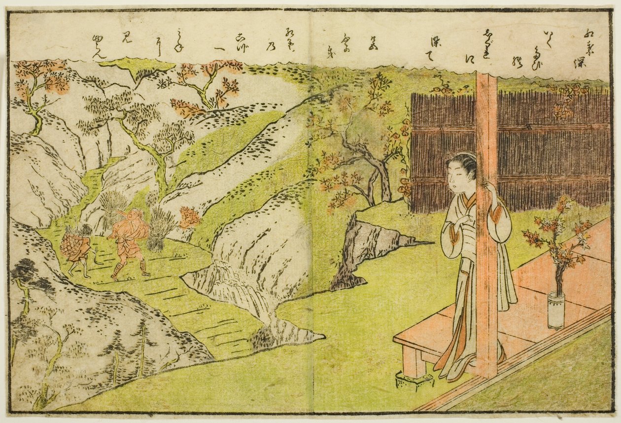 Dubbelpagina illustratie uit Vol. 1 van "Prentenboek van lentebrocades (Ehon haru no nishiki)" door Suzuki Harunobu