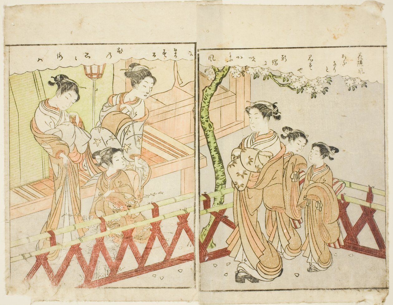 Dubbelpagina illustratie uit Vol. 2 van "Prentenboek van Lente Brokaten (Ehon haru no nishiki)" door Suzuki Harunobu