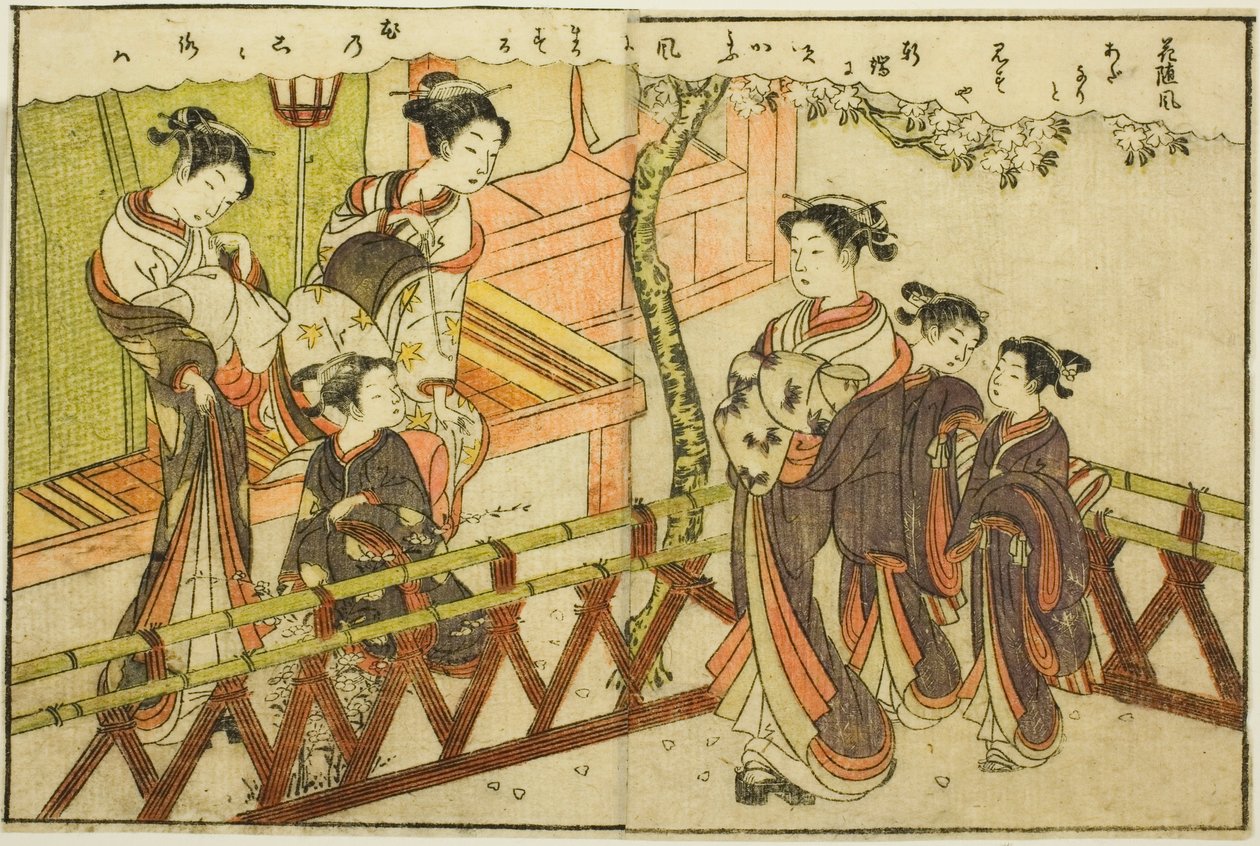 Dubbelpagina Illustratie uit Vol. 2 van "Prentenboek van Lente Brokaten" door Suzuki Harunobu