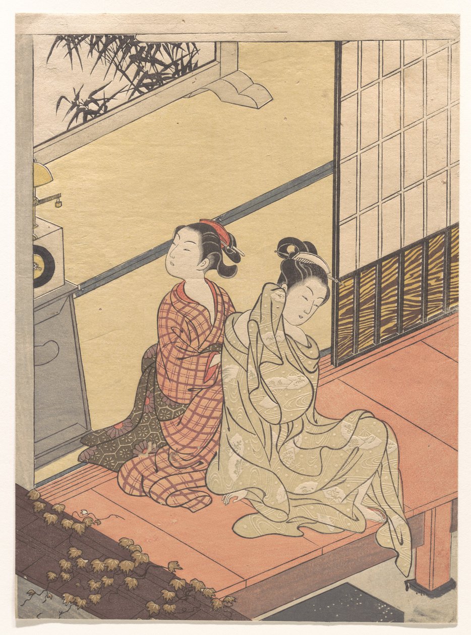 Avondklokgelui van de klok (Tokei no banshō), uit de serie „Acht salongezichten“ (Zashiki hakkei) door Suzuki Harunobu