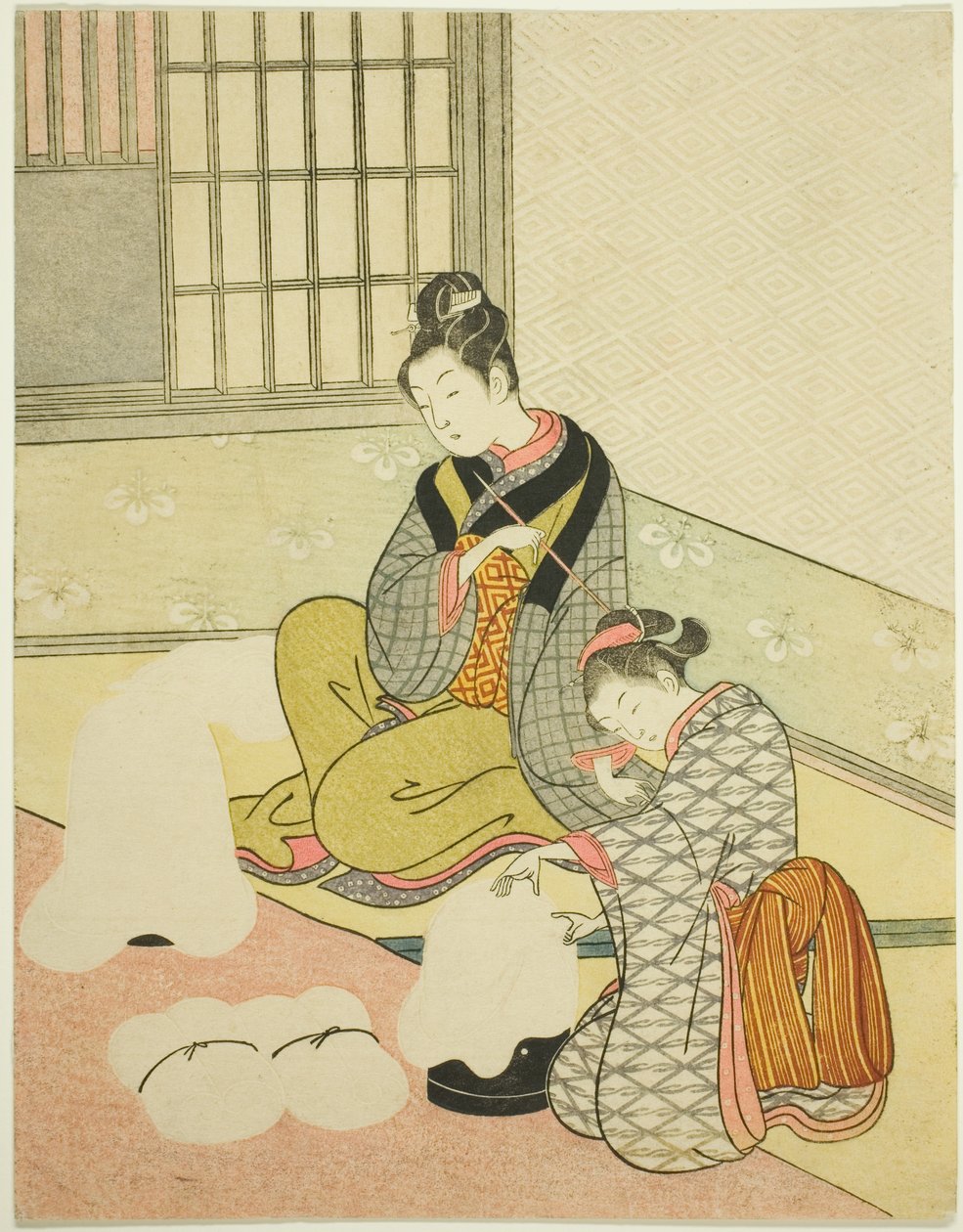 Avondsneeuw op een flossvormer (Nurioke no bosetsu), uit de serie "Acht uitzichten van de salon (Zashiki hakkei)" door Suzuki Harunobu