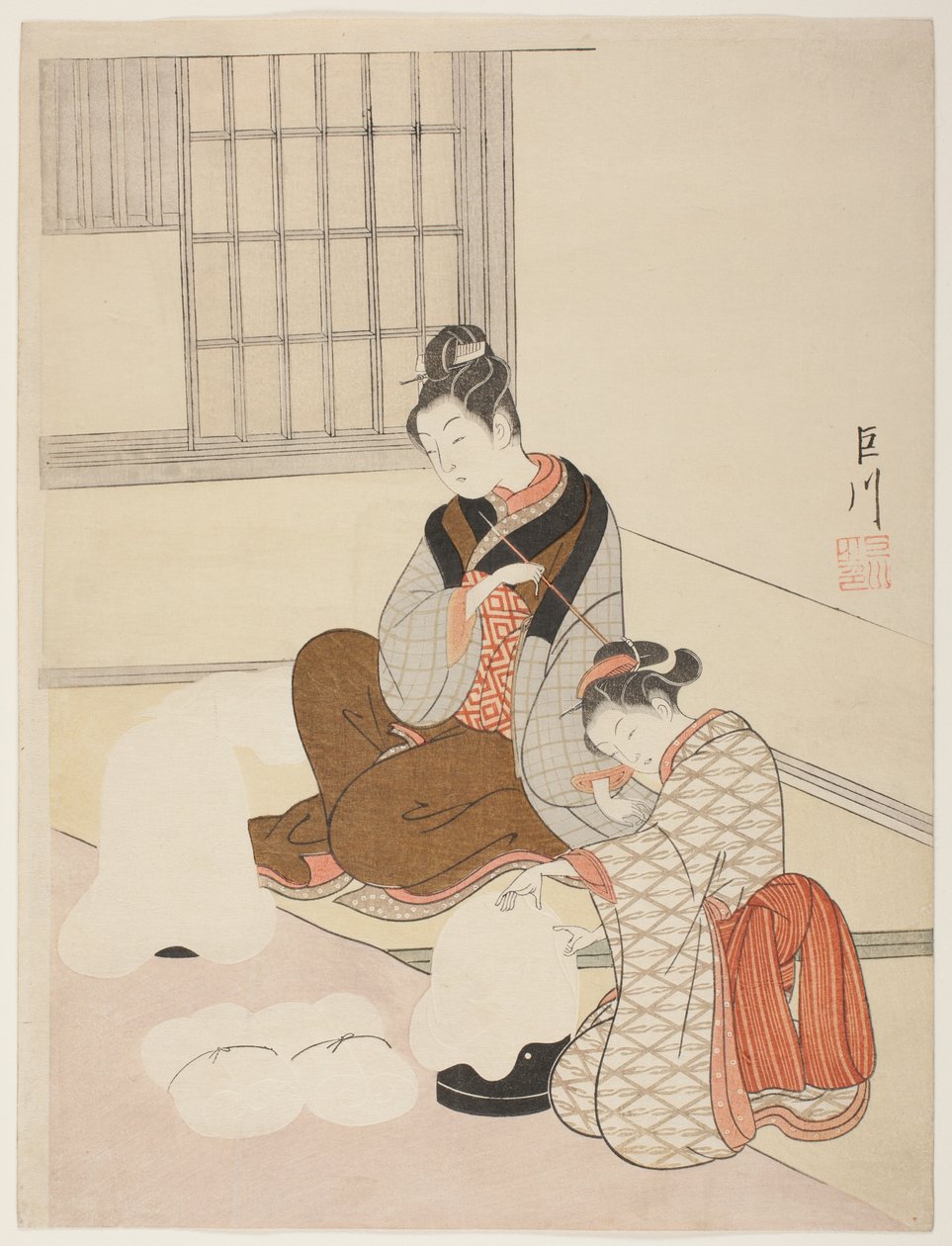 Avondsneeuw op een Floss Shaper, uit de serie "Acht Zichten van de Salon (Zashiki hakkei)" door Suzuki Harunobu