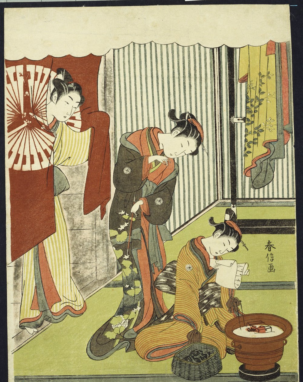 Figuren in een interieur, een courtisane kijkt naar haar shinzo die een liefdesbrief leest door Suzuki Harunobu