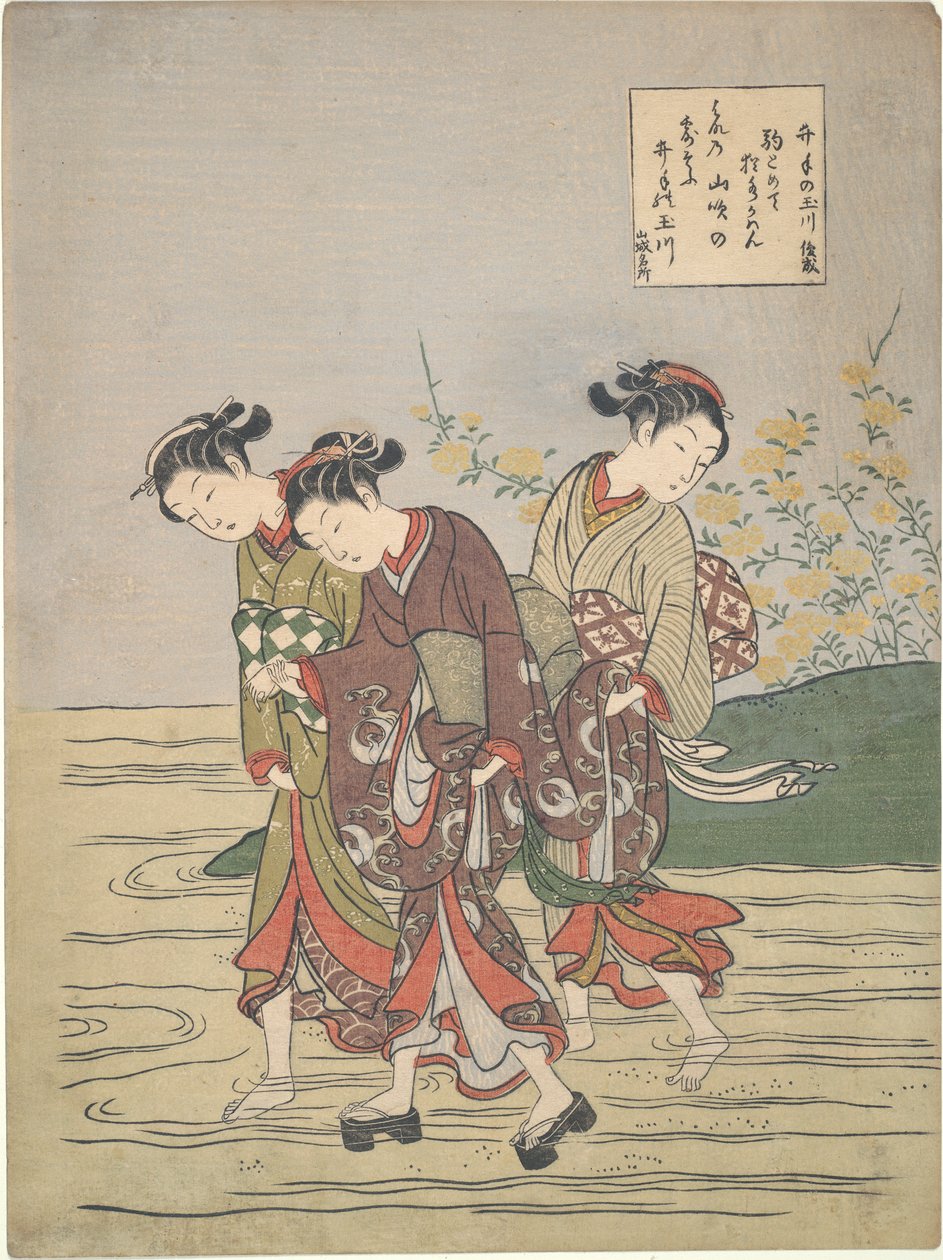 Meisjes steken de Ide no Tamagawa over door Suzuki Harunobu