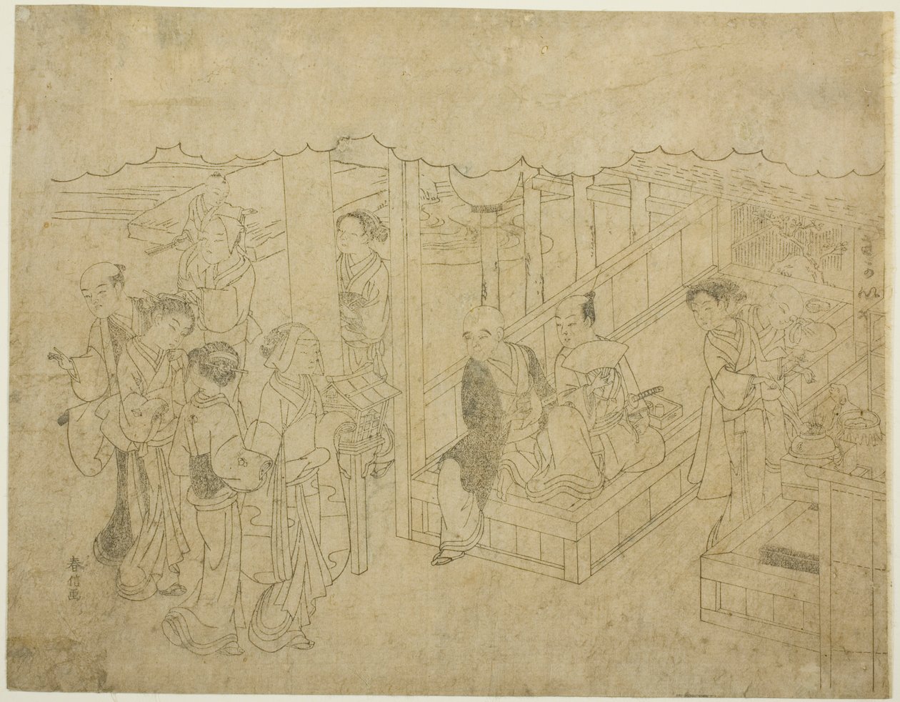 Sleutelblokdruk voor De introductie (Miai), het eerste blad uit de serie "Huwelijk in brokaatprenten, de koets van de deugdzame vrouw (Konrei nishiki misao-guruma)" door Suzuki Harunobu