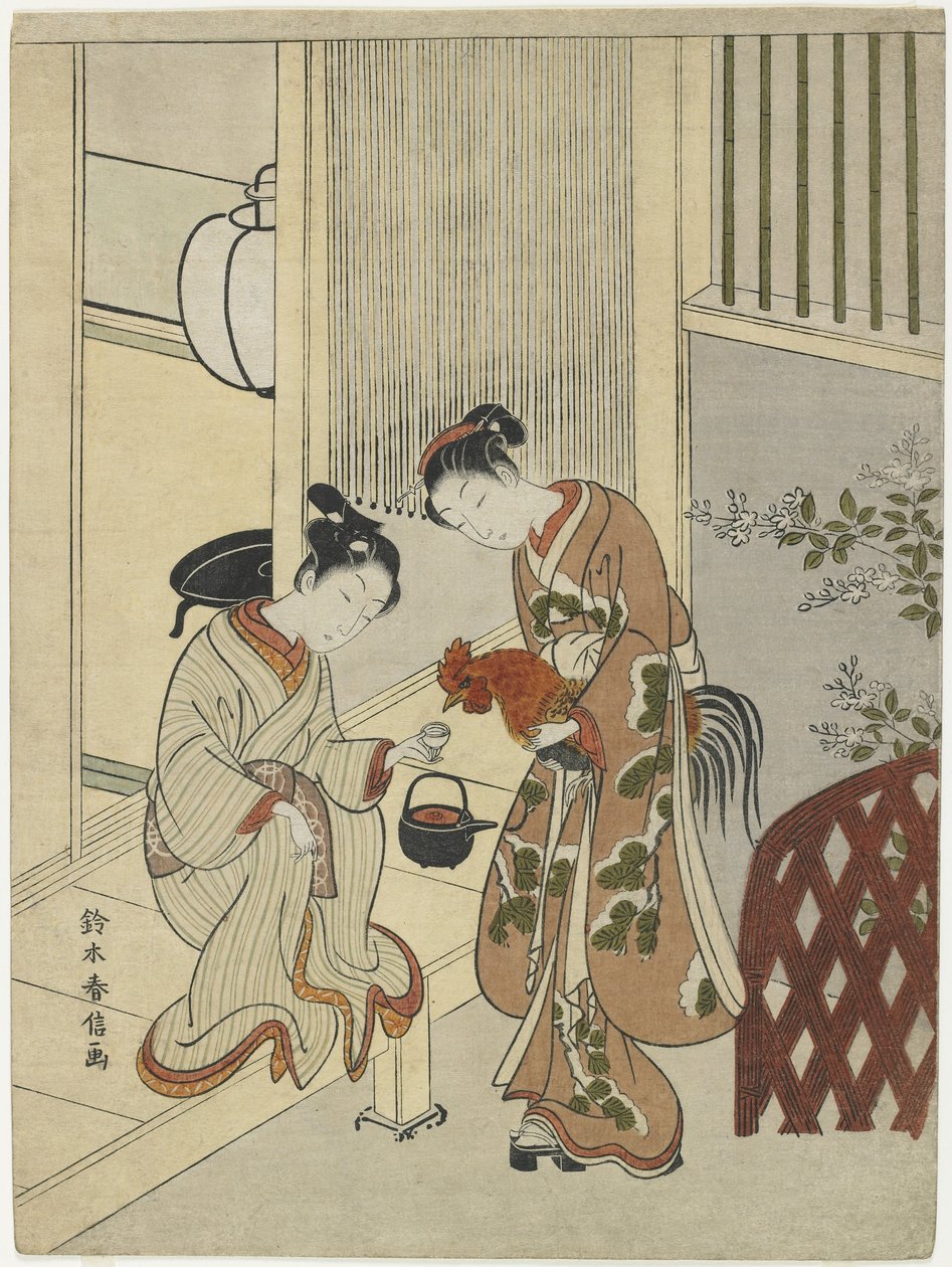 Geliefden die een Haan Sake Geven, ca. 1767 door Suzuki Harunobu