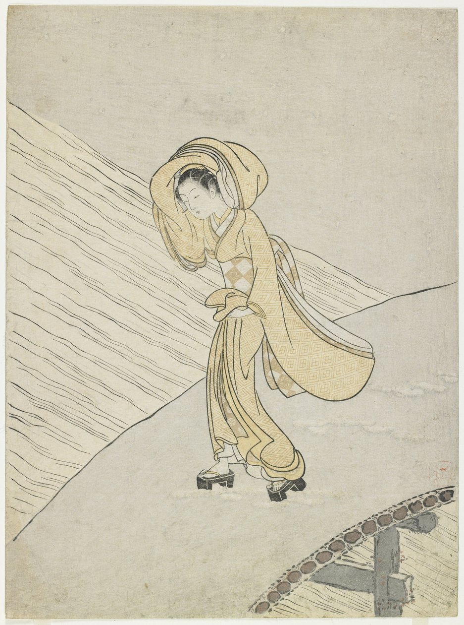 Mitate van het gedicht van Fujiwara no Teika het oversteken van de Sano, 1765 door Suzuki Harunobu