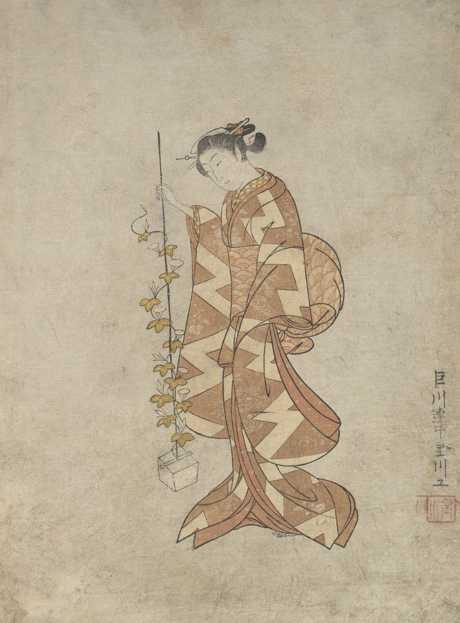 Moderne weergave van de dichteres Kaga no Chiyo, ca. 1765 door Suzuki Harunobu