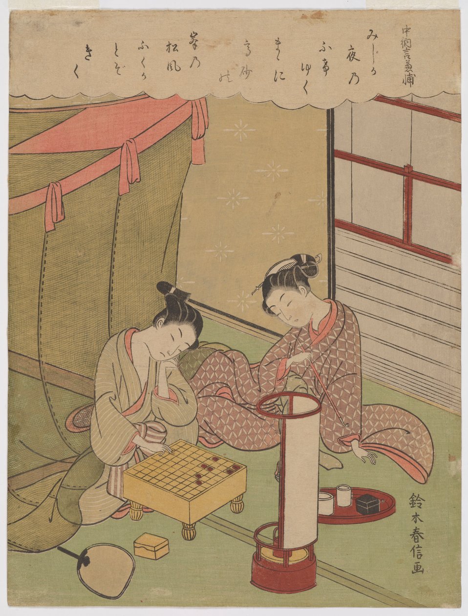 Oiran en jonge man die shogi spelen op een zomeravond in Yoshiwara door Suzuki Harunobu