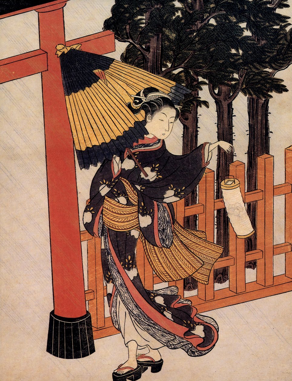 Pelgrimstocht op een regenachtige nacht, Japanse prent door Suzuki Harunobu door Suzuki Harunobu