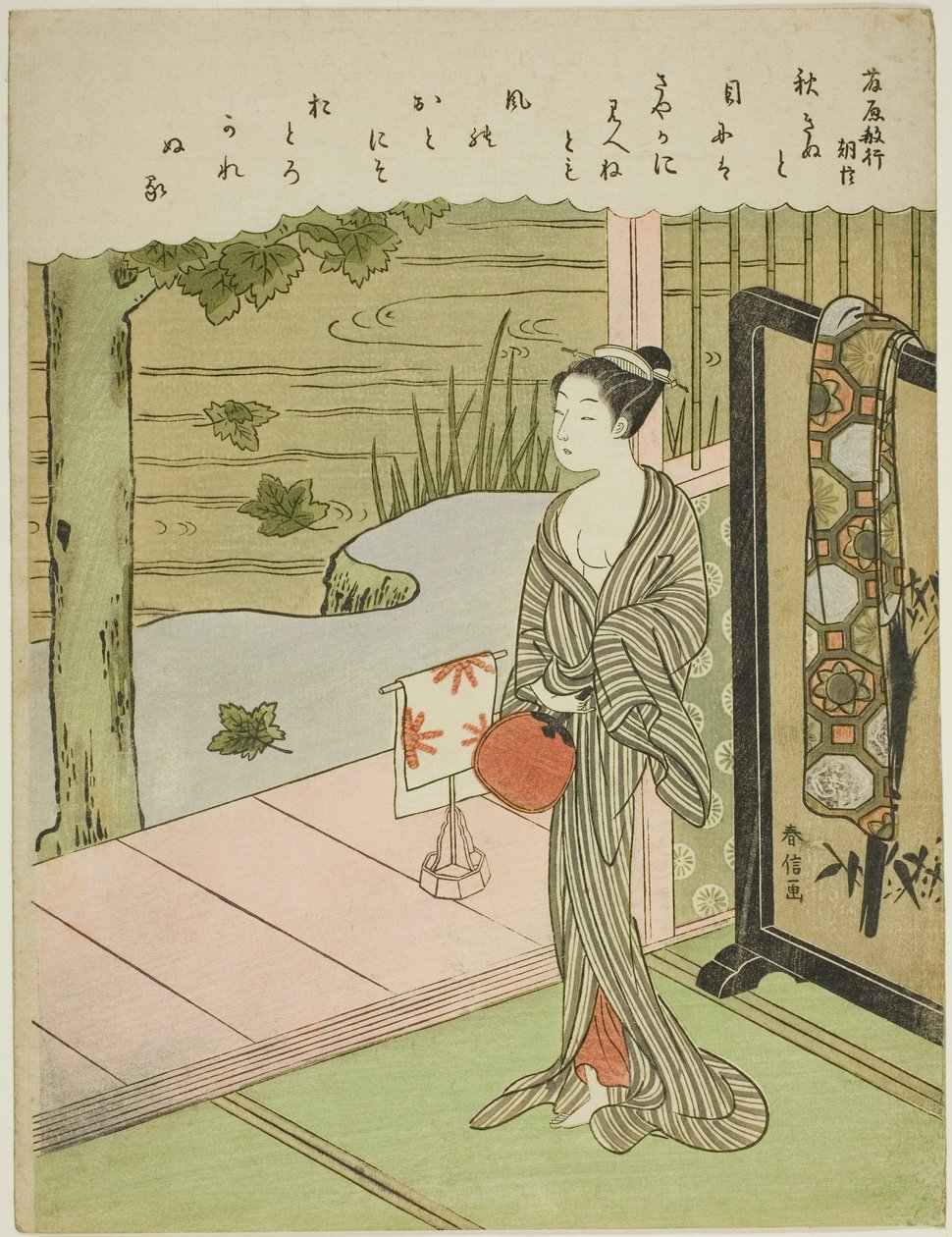 Gedicht van Fujiwara no Toshiyuki, uit een ongetitelde serie van Zesendertig Onsterfelijke Dichters door Suzuki Harunobu