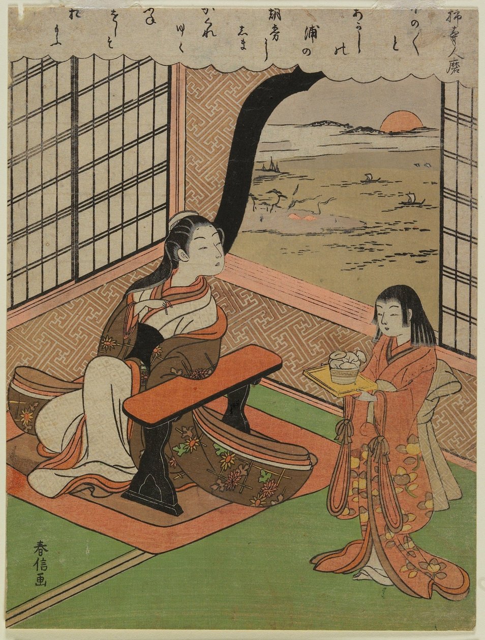 Gedicht van Kakinomoto Hitomaro door Suzuki Harunobu