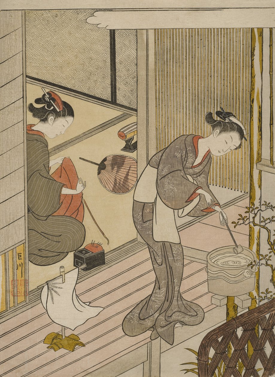 Terugkerende zeilen van het handdoekenrek door Suzuki Harunobu
