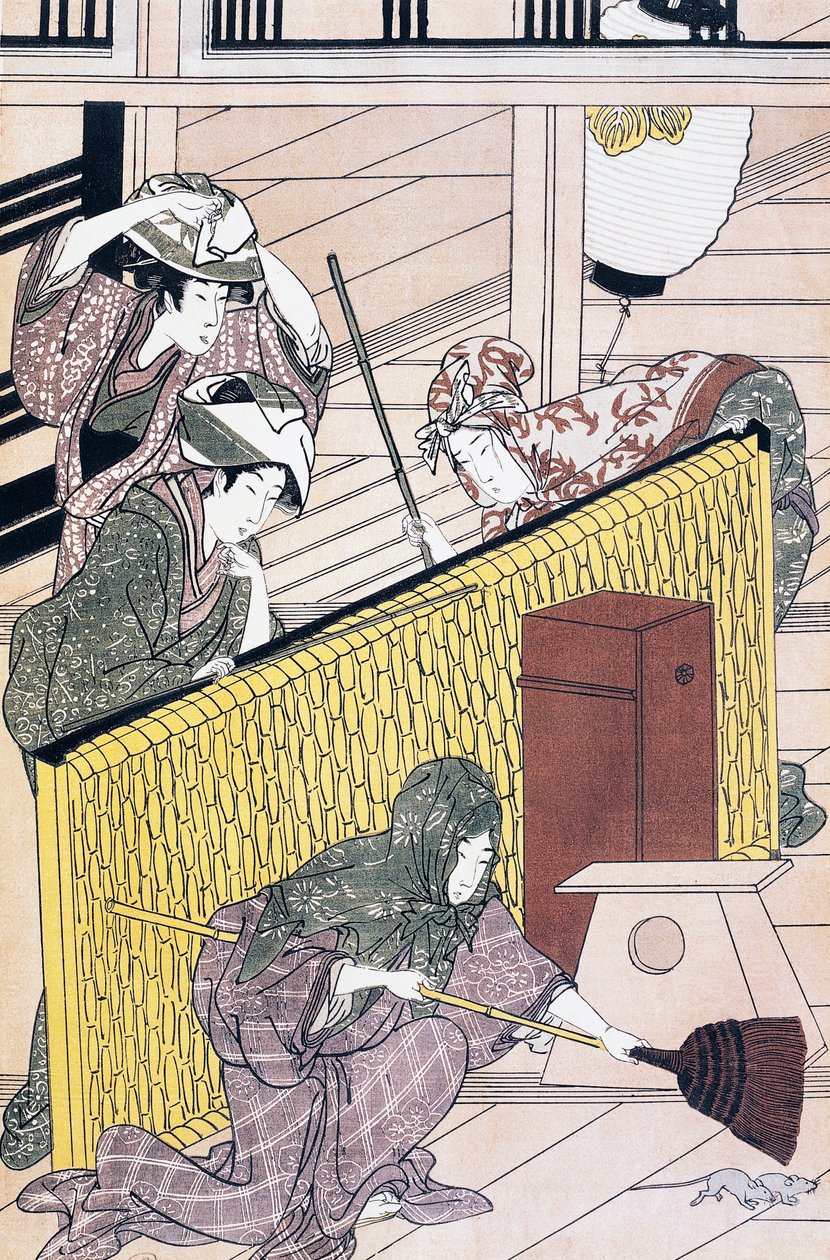 Dienaar die muizen jaagt in huis, ukiyo-e kunstdruk door Suzuki Harunobu (1725-1770), Japanse beschaving, Edo-periode door Suzuki Harunobu