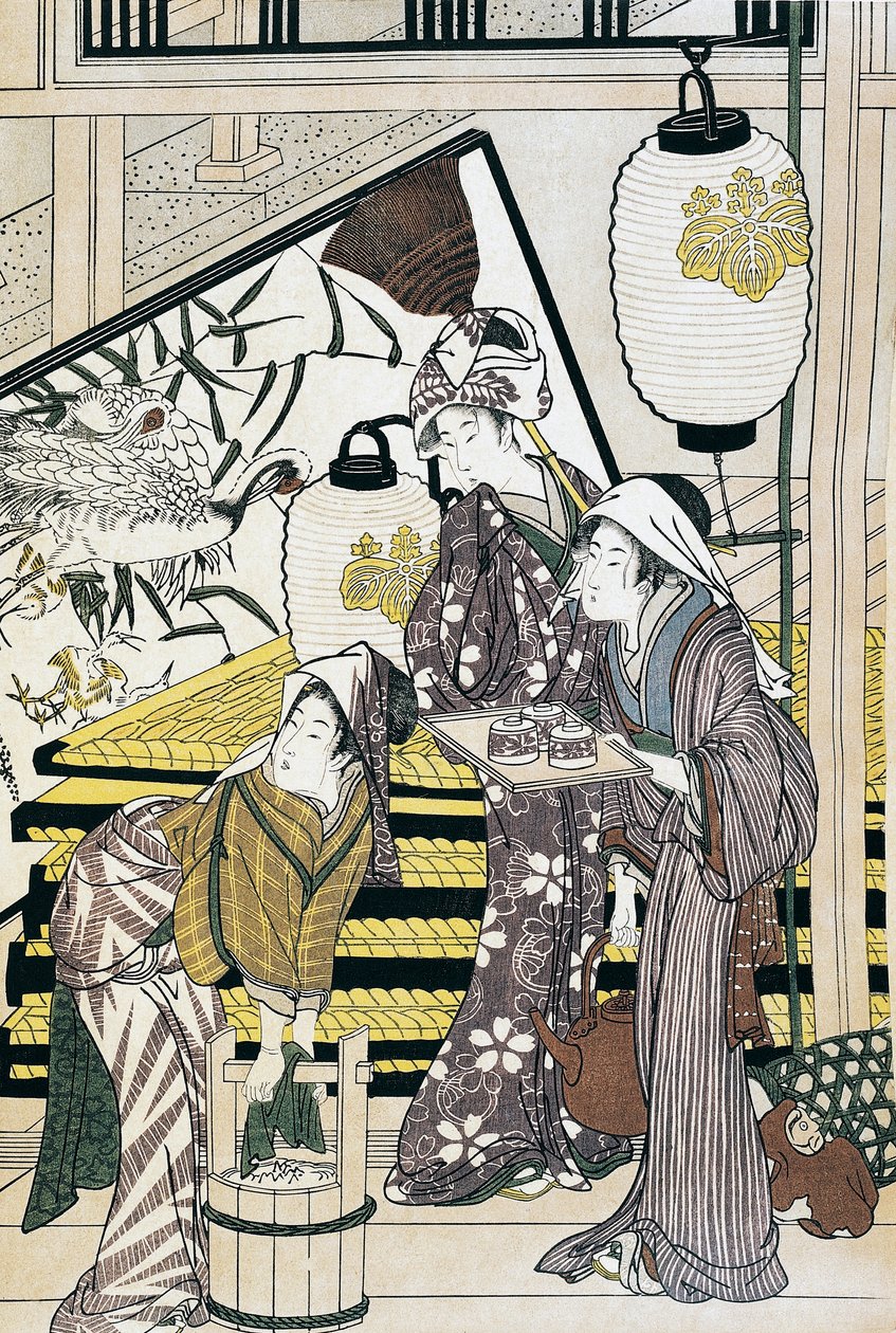Dienaren aan het werk thuis, ukiyo-e kunstafdruk door Suzuki Harunobu, houtsnede, Japanse beschaving, Edo-periode door Suzuki Harunobu