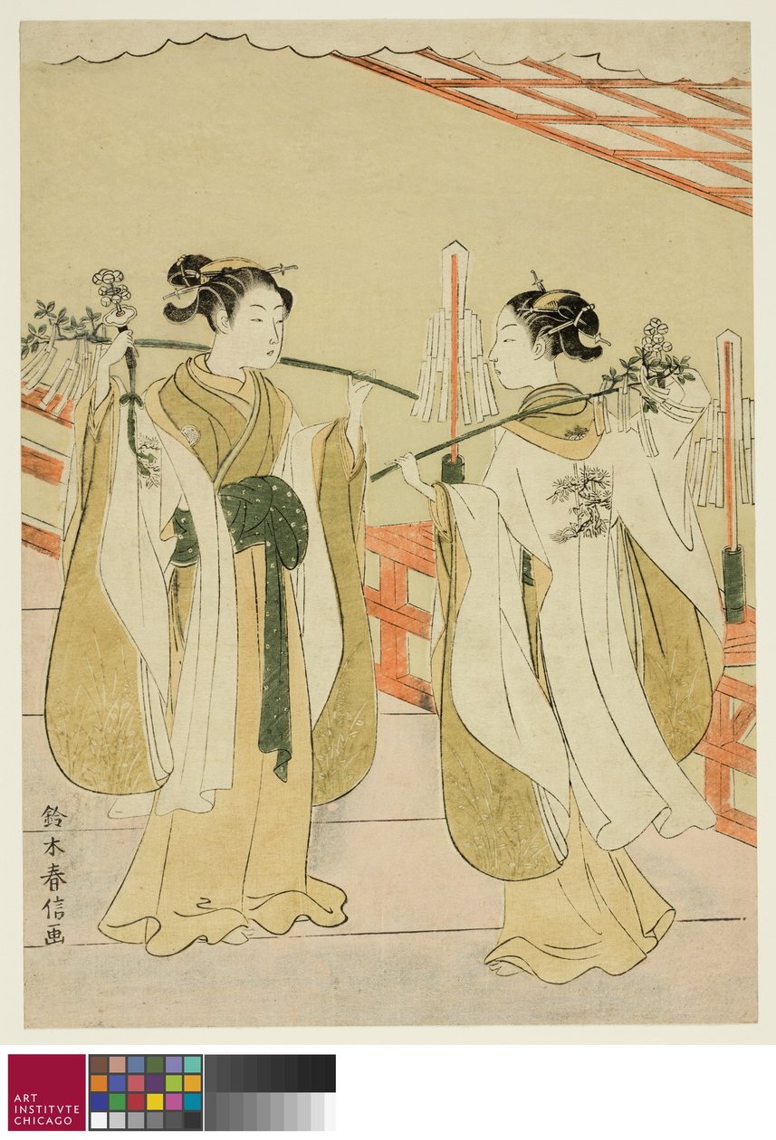 Shrine Maagden Onami en Ohatsu Dansen bij Yushima Tenjin Shrine, ca. 1769 door Suzuki Harunobu