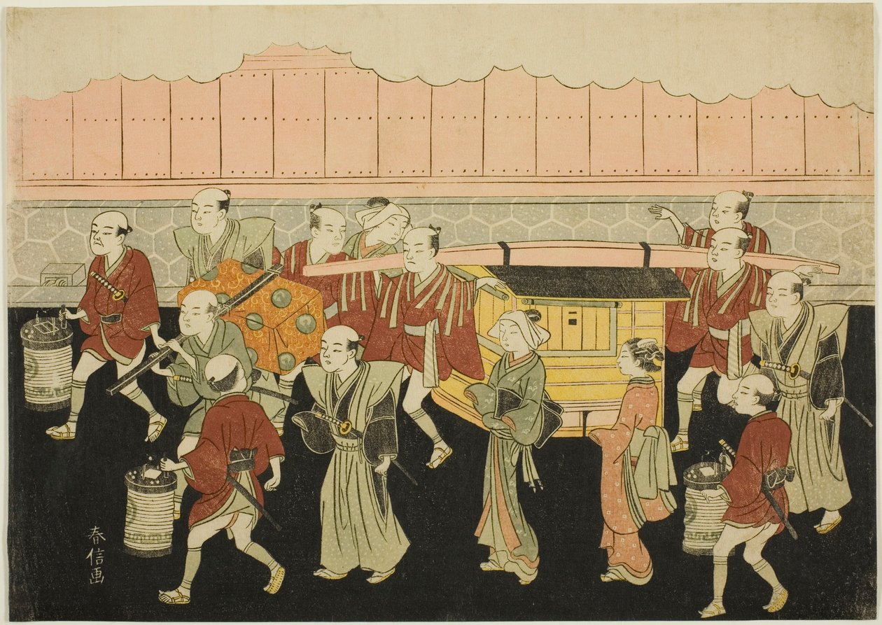 De bruid rijdt in de draagstoel naar het huis van haar man (Koshi-iri), het derde blad uit de serie "Huwelijk in brokaatdrukken, het rijtuig van de deugdzame vrouw (Konrei nishiki misao-guruma)". door Suzuki Harunobu