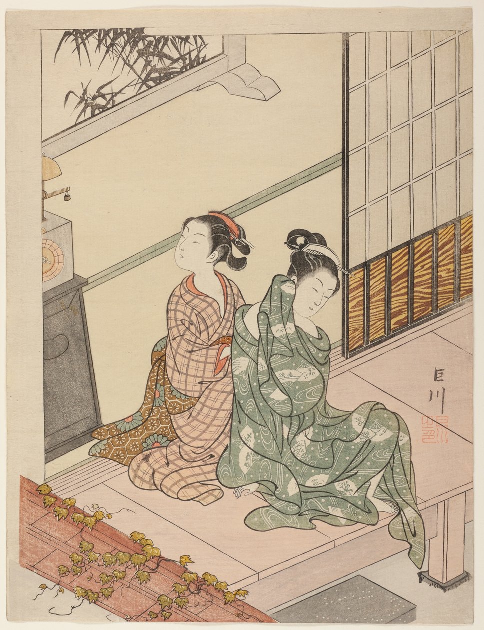 De avondklok (Tokei no bansho), uit de serie "Acht uitzichten van de salon (Zashiki hakkei)" door Suzuki Harunobu