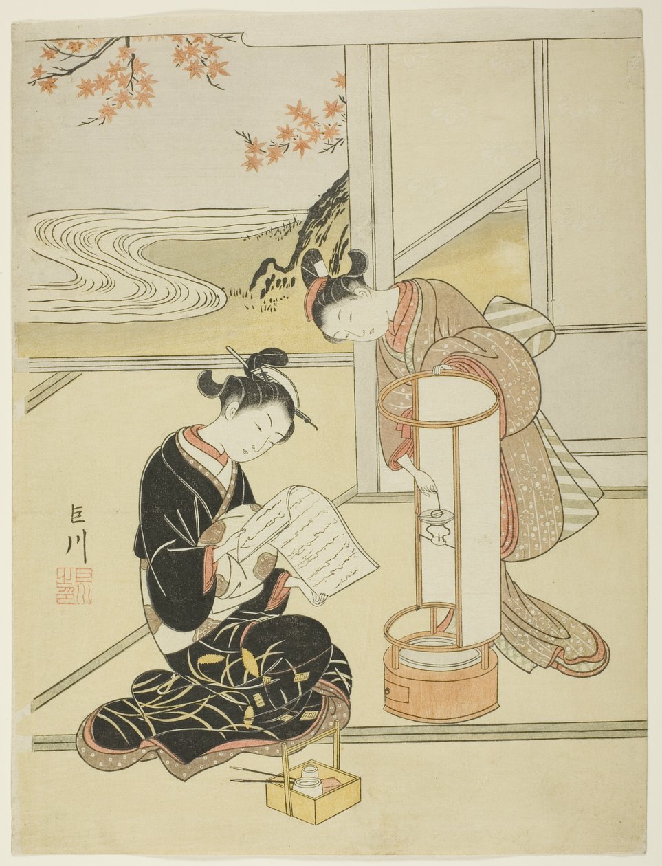 De avondgloed van een lamp, uit de serie "Acht uitzichten van de salon" door Suzuki Harunobu