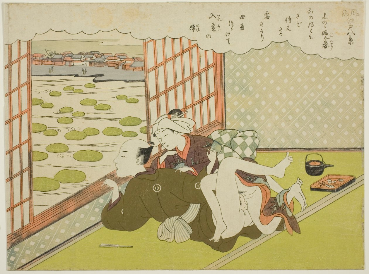 De Avondmeesteres in Ueno (Ueno no bansho), uit de serie "Acht Modieuze Uitzichten van Edo (Furyu Edo hakkei)" door Suzuki Harunobu