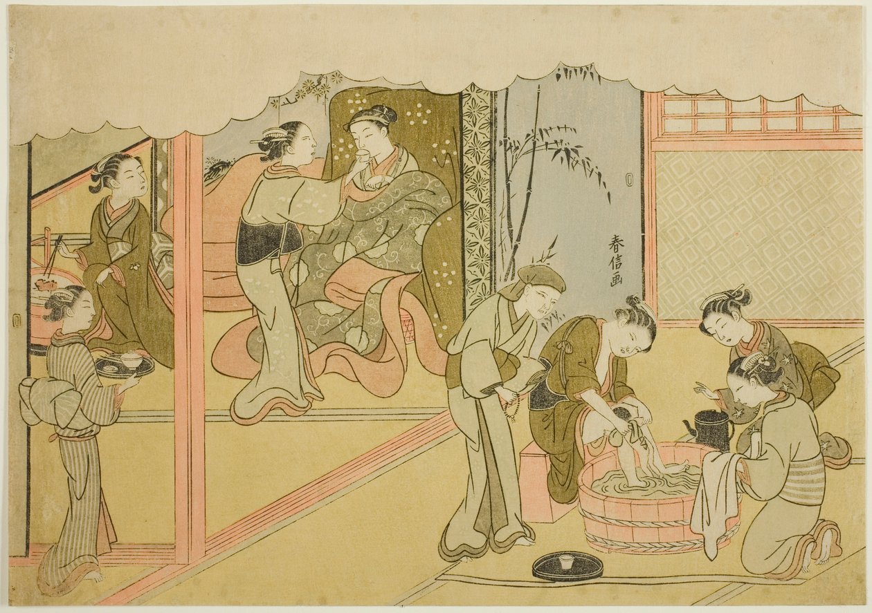 De Eerste Bevalling (Uizan), het zevende blad uit de serie "Huwelijk in Brokaatprenten, de Koets van de Deugdzame Vrouw (Konrei nishiki misao-guruma)" door Suzuki Harunobu