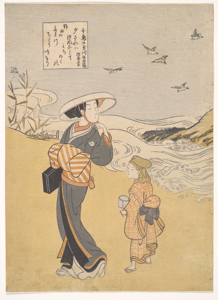 „De juwelenrivier van de plevieren, een beroemde plaats in de provincie Mutsu”, uit de serie Zes juwelenrivieren (Mu Tamagawa: Chidori no Tamagawa, Mutsu meisho) door Suzuki Harunobu