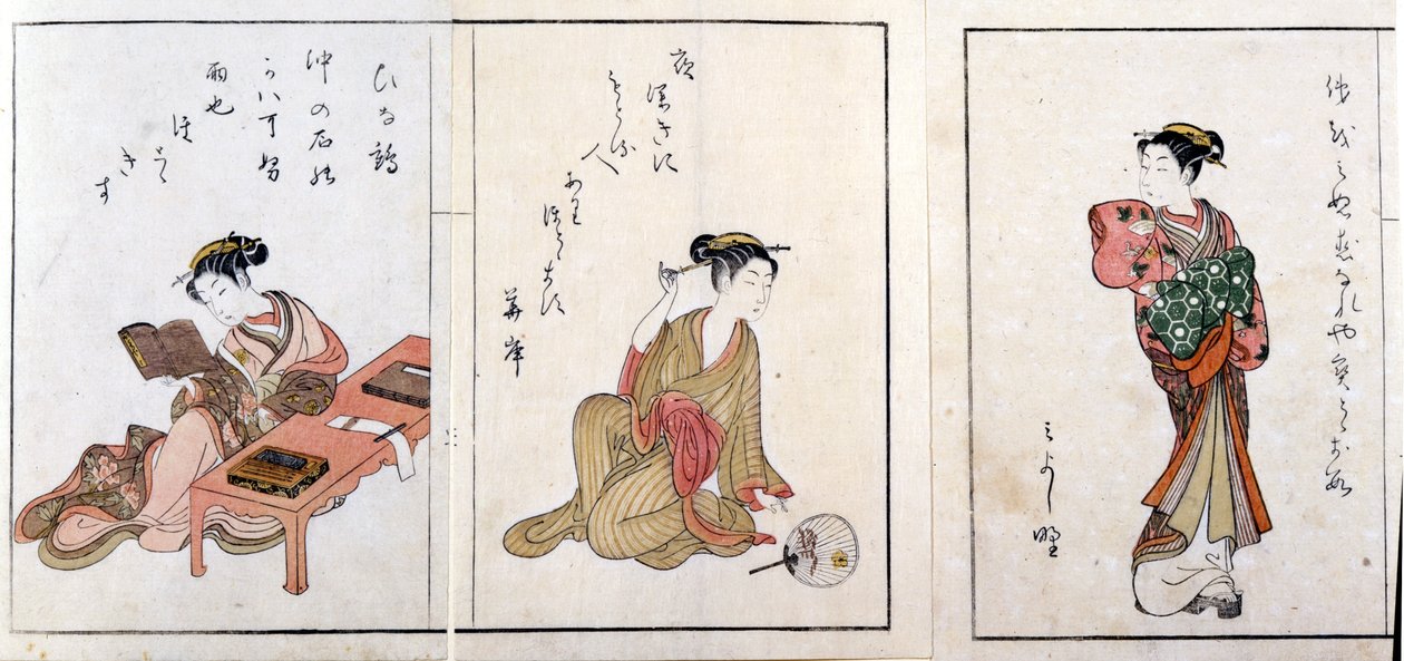 Drie courtisanes. Van links naar rechts, Hiinatsuru, Hanagishi en de derde onbekend. Prenten door Harunobu Suzuki (1724/25-1770). door Suzuki Harunobu
