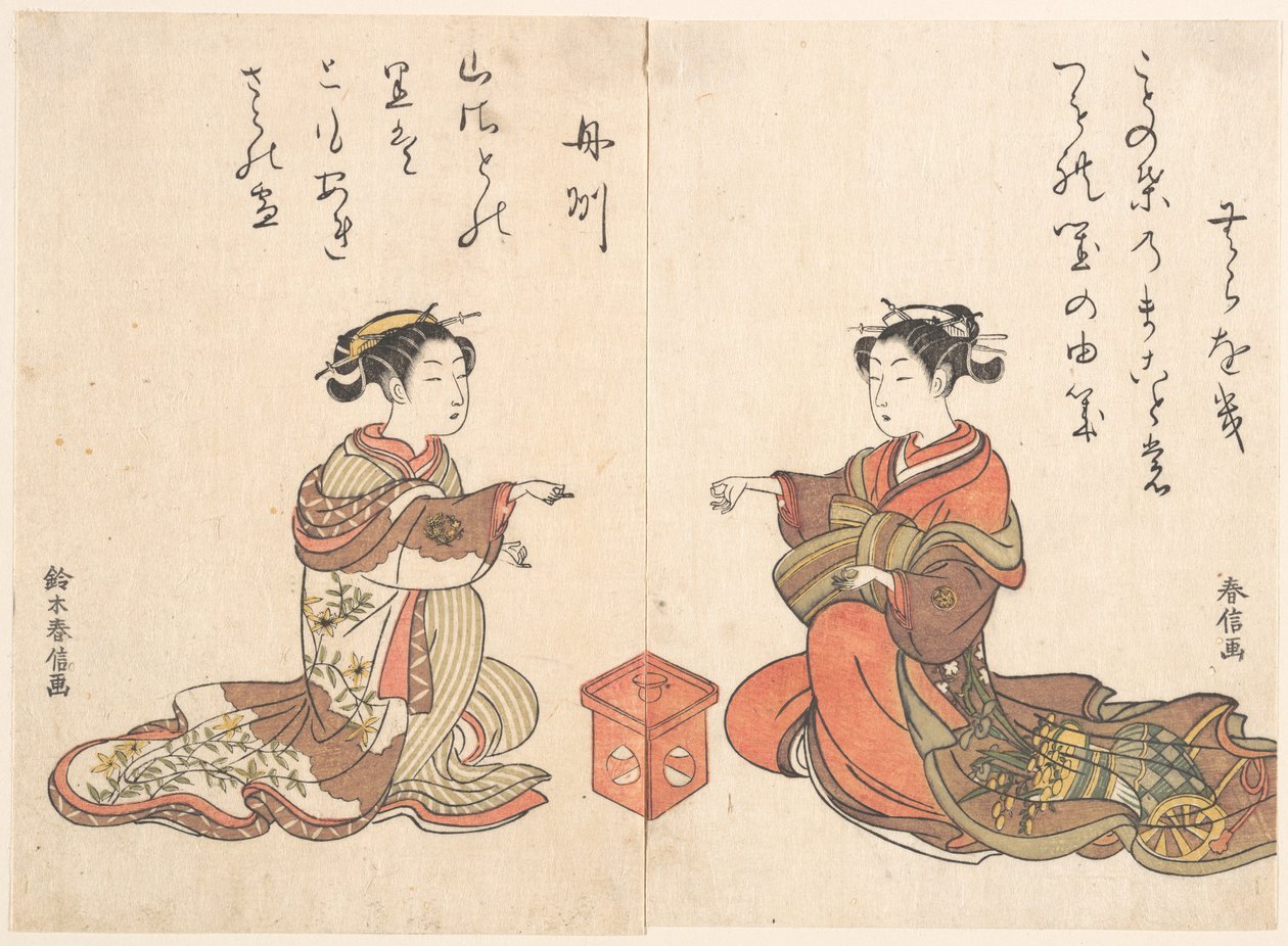Twee meisjes spelen het vingerspel Kitsume Ken door Suzuki Harunobu