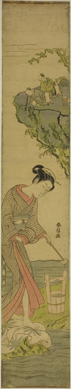 Twee wijzen die naar een schoonheid kijken die stof treedt (parodie op Kume Sennin) door Suzuki Harunobu