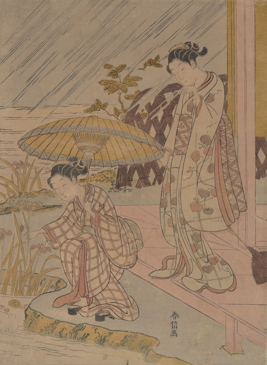 Iris bekijken in de regen door Suzuki Harunobu