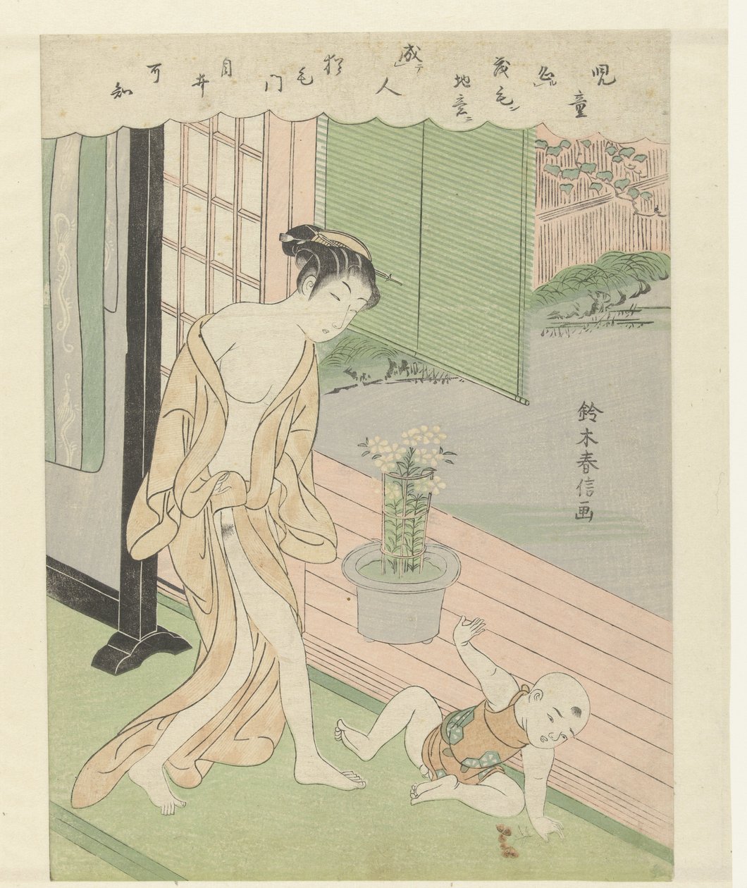 Vrouw en ondeugend kind door Suzuki Harunobu