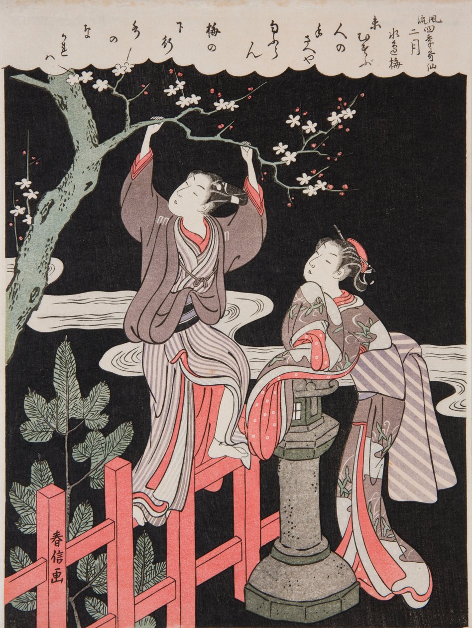 Lente (februari). Een jongeman breekt een tak van een bloeiende pruimenboom af voor zijn geliefde, uit de serie: Verfijnde gedichten van de vier seizoenen / Fūryū shiki kasen door Suzuki Harunobu