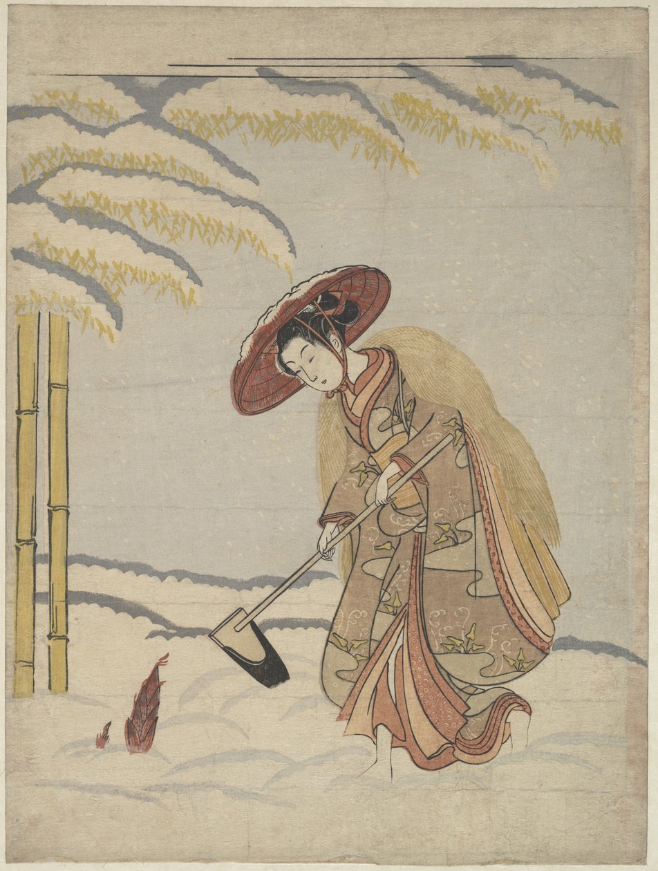 Vrouw die bamboescheuten opgraaft in de sneeuw, of parodie op Meng Zong (Mōsō), uit Vierentwintig voorbeelden van kinderlijke piëteit door Suzuki Harunobu