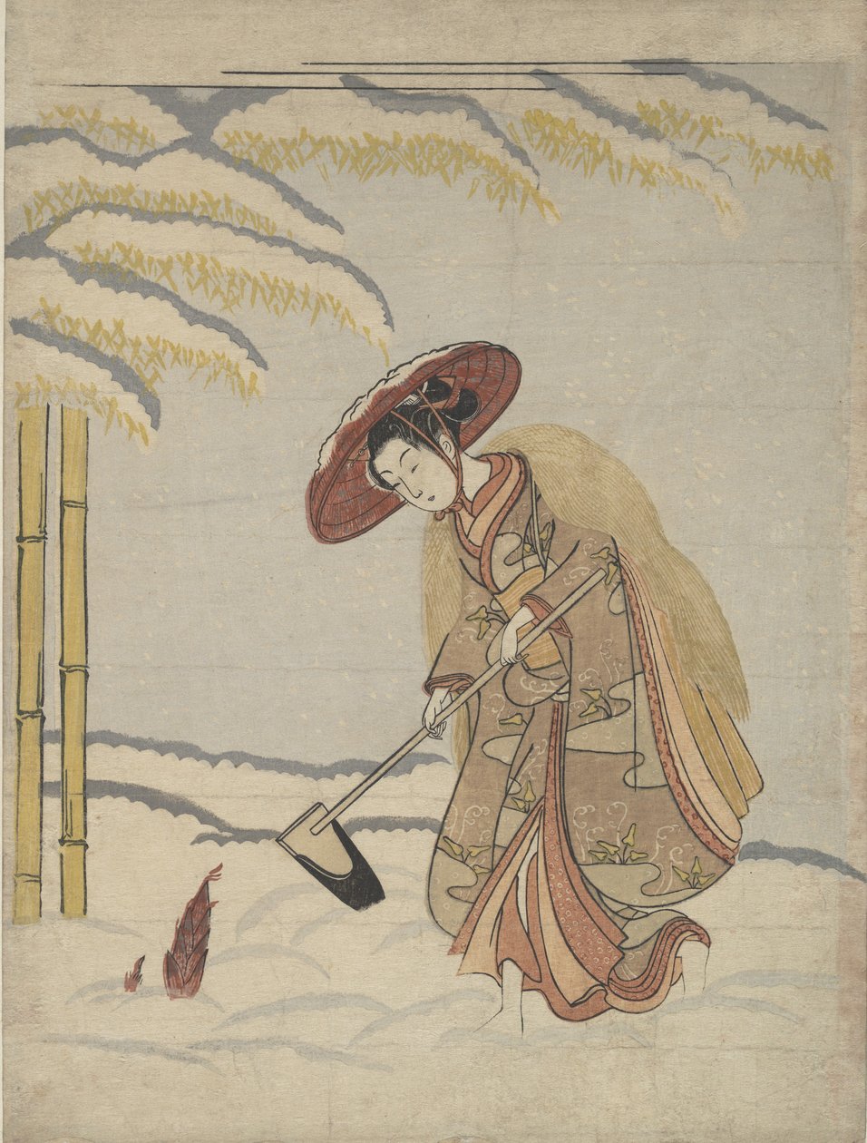 Vrouw die bamboescheuten graaft in de sneeuw, of parodie op Meng Zong Moso, uit Vierentwintig..., ca. 1765 door Suzuki Harunobu