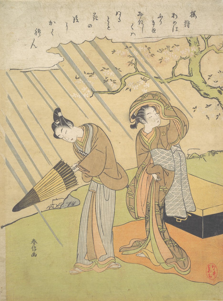 Jonge man en vrouw betrapt in de regen terwijl ze genieten van kersenbloesems Sakura-gari..., ca. 1768-70 door Suzuki Harunobu