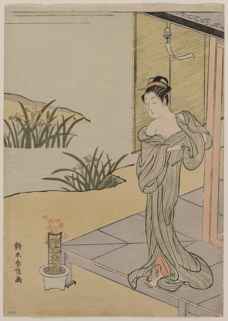 Jonge Vrouw die naar een Pot Anjers Kijkt, c. 1767 door Suzuki Harunobu