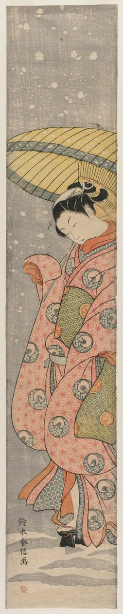 Jonge vrouw die onder een paraplu in de sneeuw staat, 1767-1768 door Suzuki Harunobu