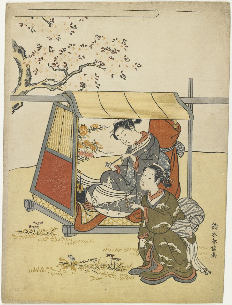 Jonge vrouw bekijkt kersenbloesems als een Mitate van Lady Nakanokimi, c. 1767 door Suzuki Harunobu