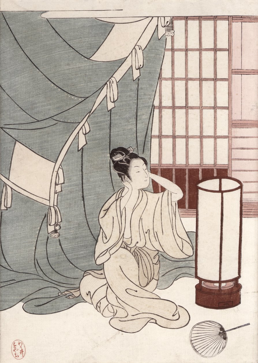 Jonge vrouw knielend bij haar muskietennet, 1766 door Suzuki Harunobu