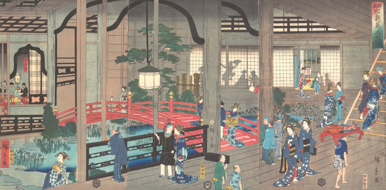 Het interieur van het Gankiro-theehuis in Yokohama, april 1861 door Suzuki Hiroshige