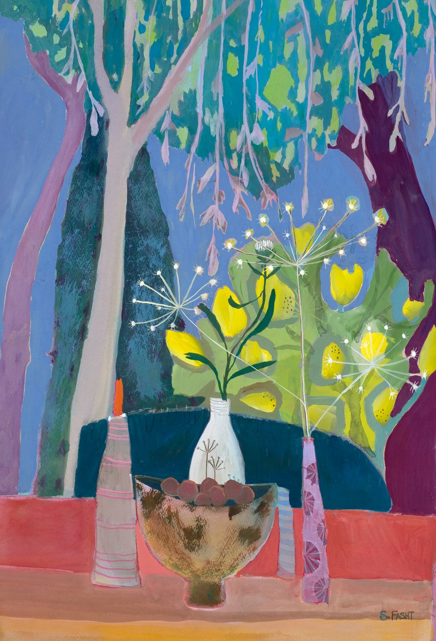 Stilleven met schaal en drie vazen met een achtergrond van bomen, 2018 (gouache) door Suzy Fasht