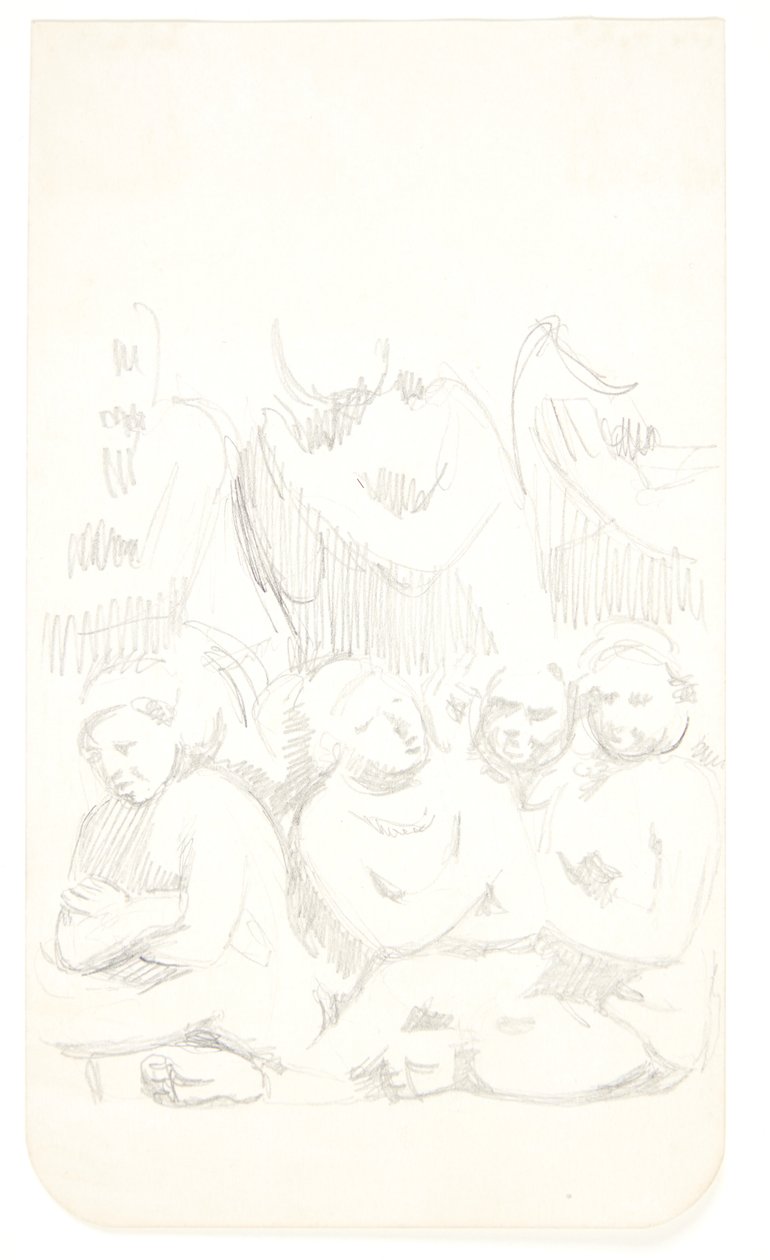 Groep met zittende figuren met gekruiste armen op de voorgrond. Studieblad naar reliëfs in Borobudur, Java. door Svend Rathsack
