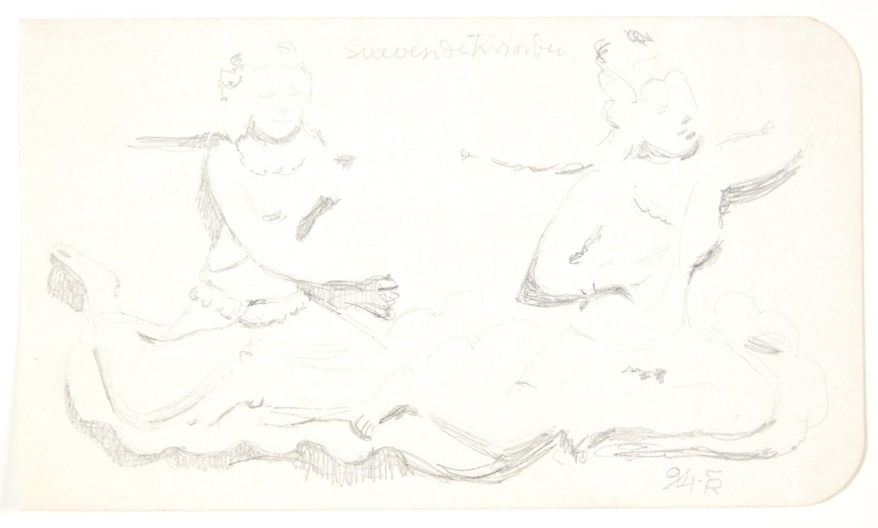 "Zwevende vrouwen". Studieblad naar reliëfs in Borobudur, Java. door Svend Rathsack