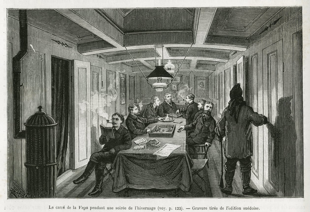 Het plein van La Vega, tijdens een winteravond, en de activiteiten van de bemanning: lezen, schaak- en backgammonspellen, evenals likeurproeverijen. Gravure uit de Zweedse editie, ter illustratie van het verhaal 