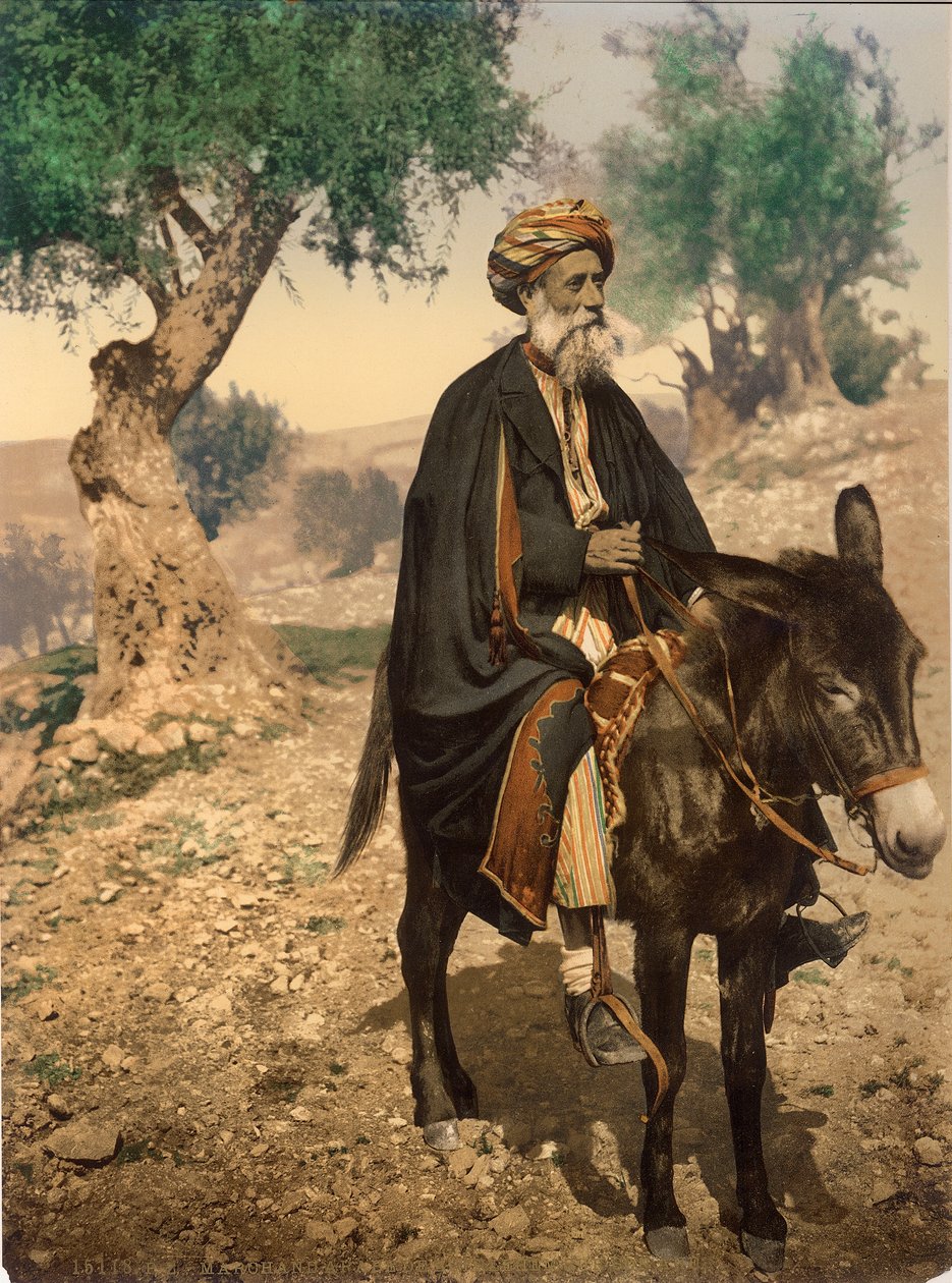 Arabische man uit Bethlehem op zijn ezel, ca. 1880-1900 door Swiss Photographer