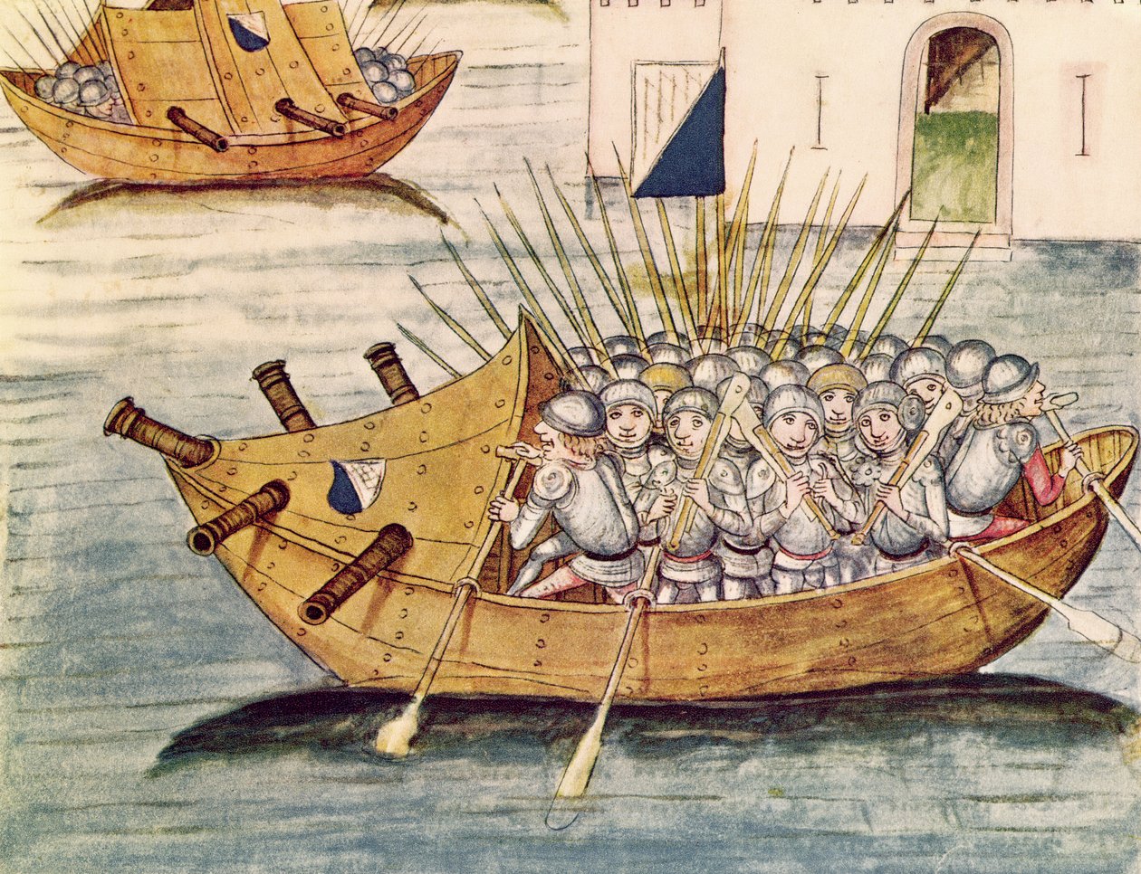 Soldaten gewapend met geweren in een schip met kanonnen, uit de Berner Chronik, door Diebold Schilling de Oudere (ca.1445-85) 1483 door Swiss School