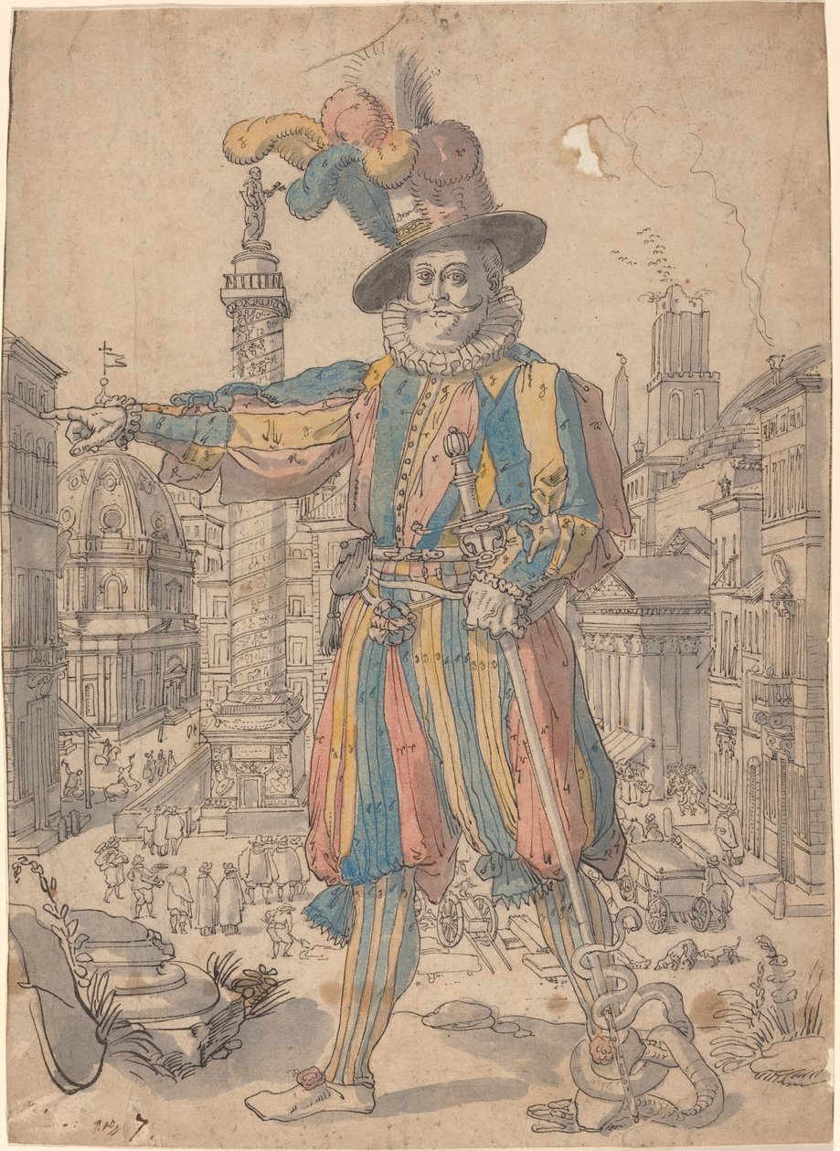 Giovanni Grosso van de Zwitserse Garde voor een uitzicht op Rome door Swiss 17th Century after Francesco Villamena