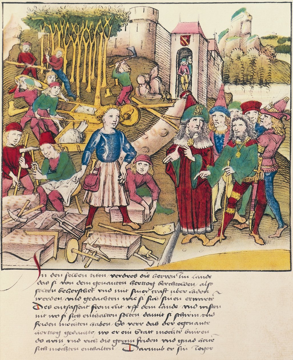 Stichting van de stad Bern in 1191 miniatuur uit Spiezer Bilderchronik, Zwitserland door Swiss School