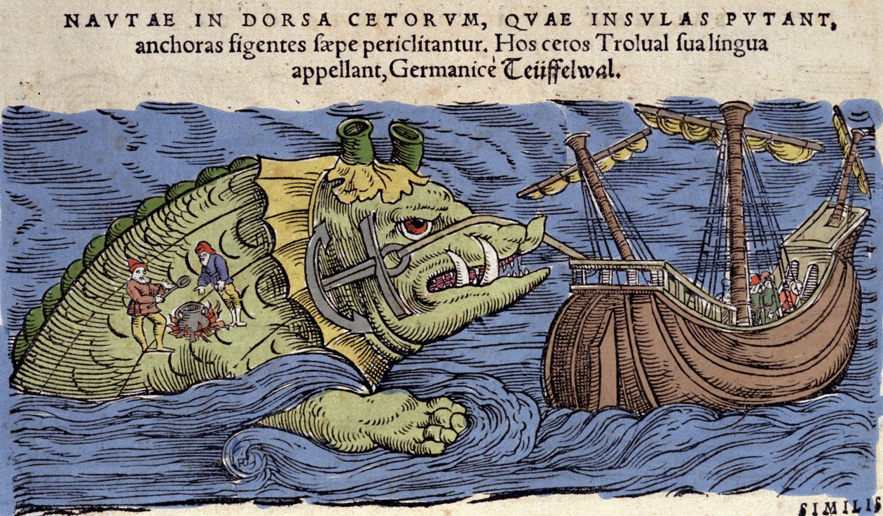 Zee monster en schip, illustratie uit 