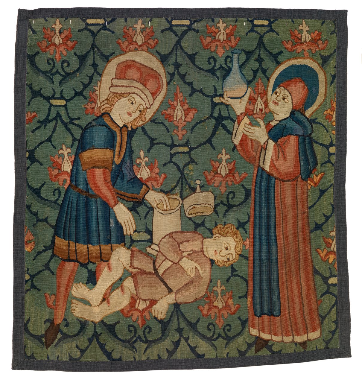 Wandtapijtfragment dat St. Cosmas en St. Damian uitbeeldt door Swiss School